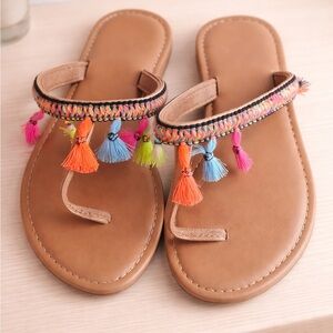Tan Leather Toe-Post Sandals with Multicolor Tassel Trim